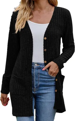 Cardigan for Women Long Sleeve Open Front Button Solid Sweaters Chunky Knit Slouchy Dropped Casual Outerwear Tops with Pocket