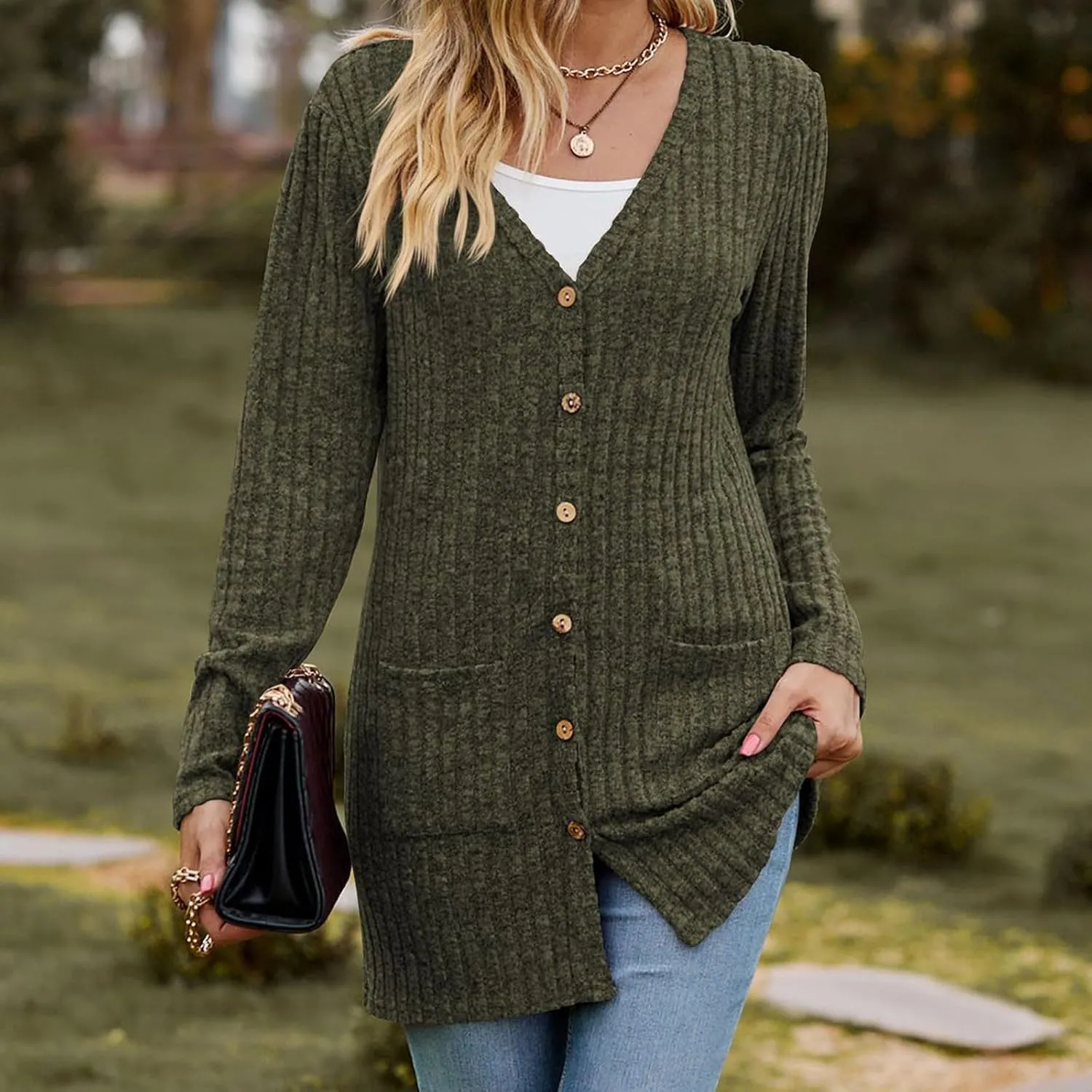 Cardigan for Women Long Sleeve Open Front Button Solid Sweaters Chunky Knit Slouchy Dropped Casual Outerwear Tops with Pocket