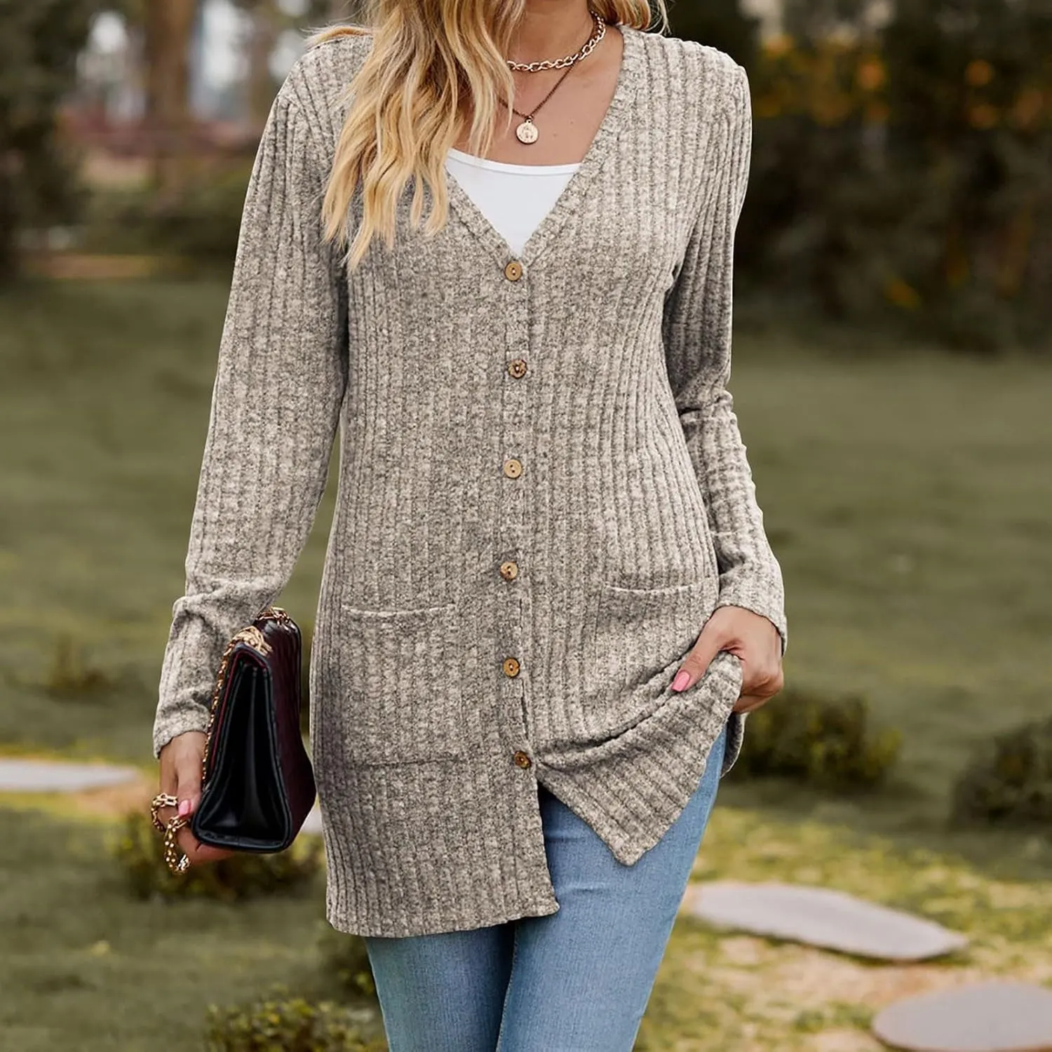 Cardigan for Women Long Sleeve Open Front Button Solid Sweaters Chunky Knit Slouchy Dropped Casual Outerwear Tops with Pocket