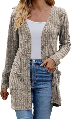 Cardigan for Women Long Sleeve Open Front Button Solid Sweaters Chunky Knit Slouchy Dropped Casual Outerwear Tops with Pocket