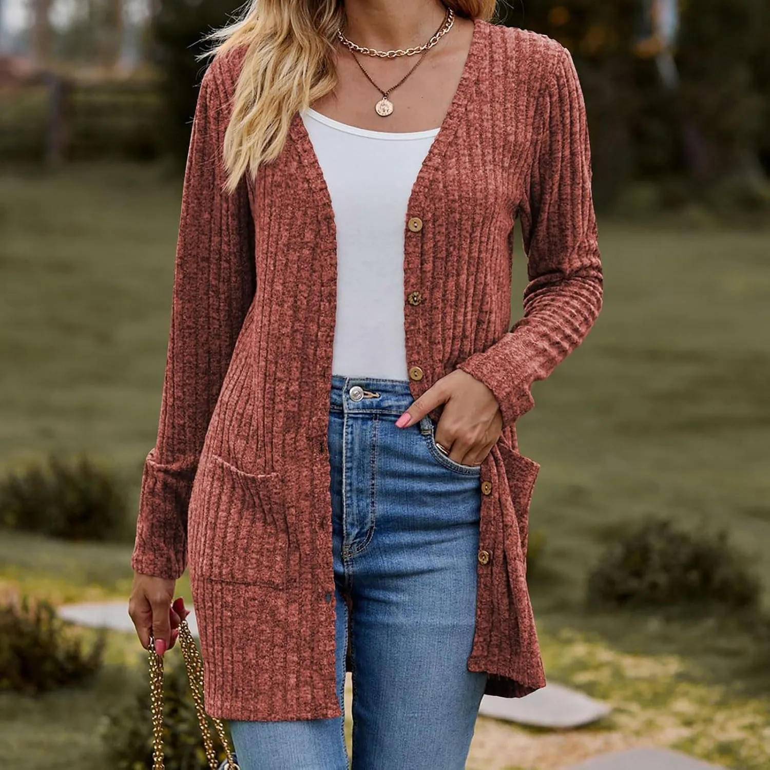 Cardigan for Women Long Sleeve Open Front Button Solid Sweaters Chunky Knit Slouchy Dropped Casual Outerwear Tops with Pocket