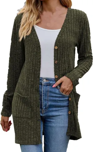 Cardigan for Women Long Sleeve Open Front Button Solid Sweaters Chunky Knit Slouchy Dropped Casual Outerwear Tops with Pocket