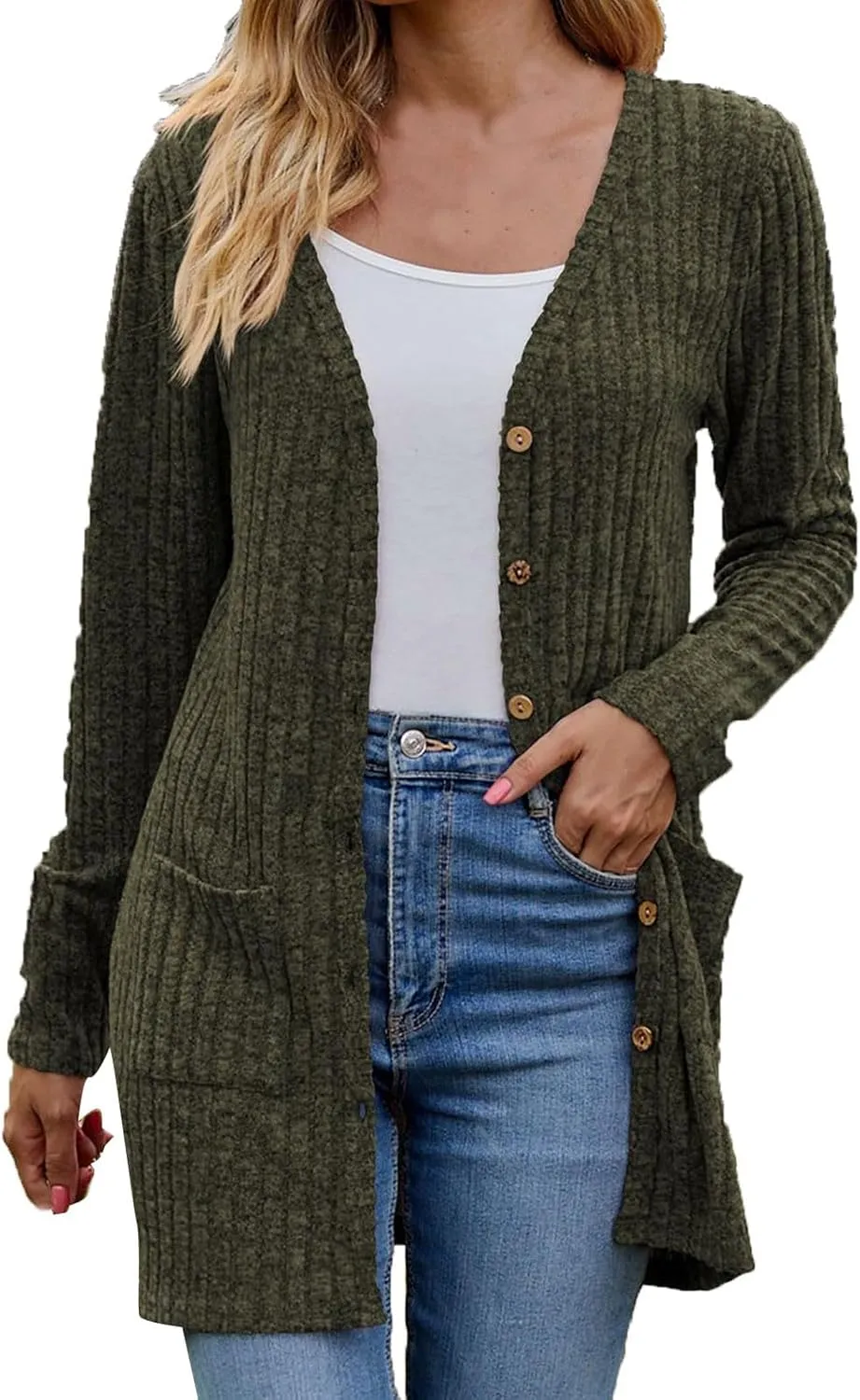 Cardigan for Women Long Sleeve Open Front Button Solid Sweaters Chunky Knit Slouchy Dropped Casual Outerwear Tops with Pocket