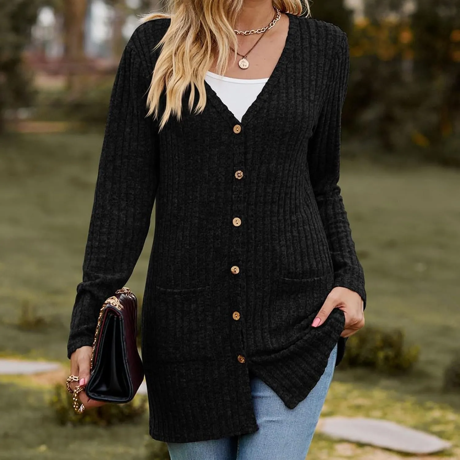Cardigan for Women Long Sleeve Open Front Button Solid Sweaters Chunky Knit Slouchy Dropped Casual Outerwear Tops with Pocket