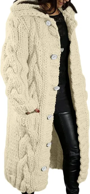 Cardigan for Women Long Sleeve Pure Color Hooded Outwear Loose Long Sweater Buttons Cardigan