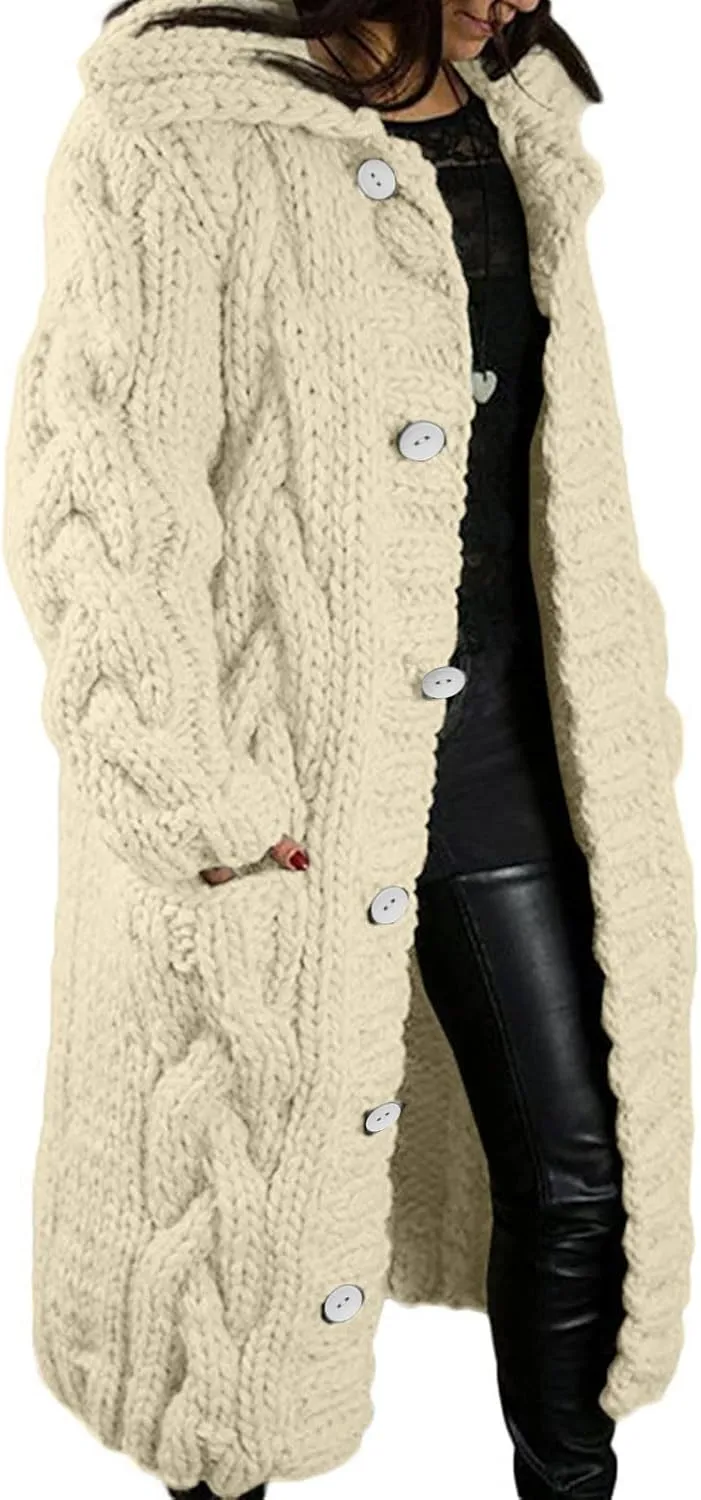 Cardigan for Women Long Sleeve Pure Color Hooded Outwear Loose Long Sweater Buttons Cardigan