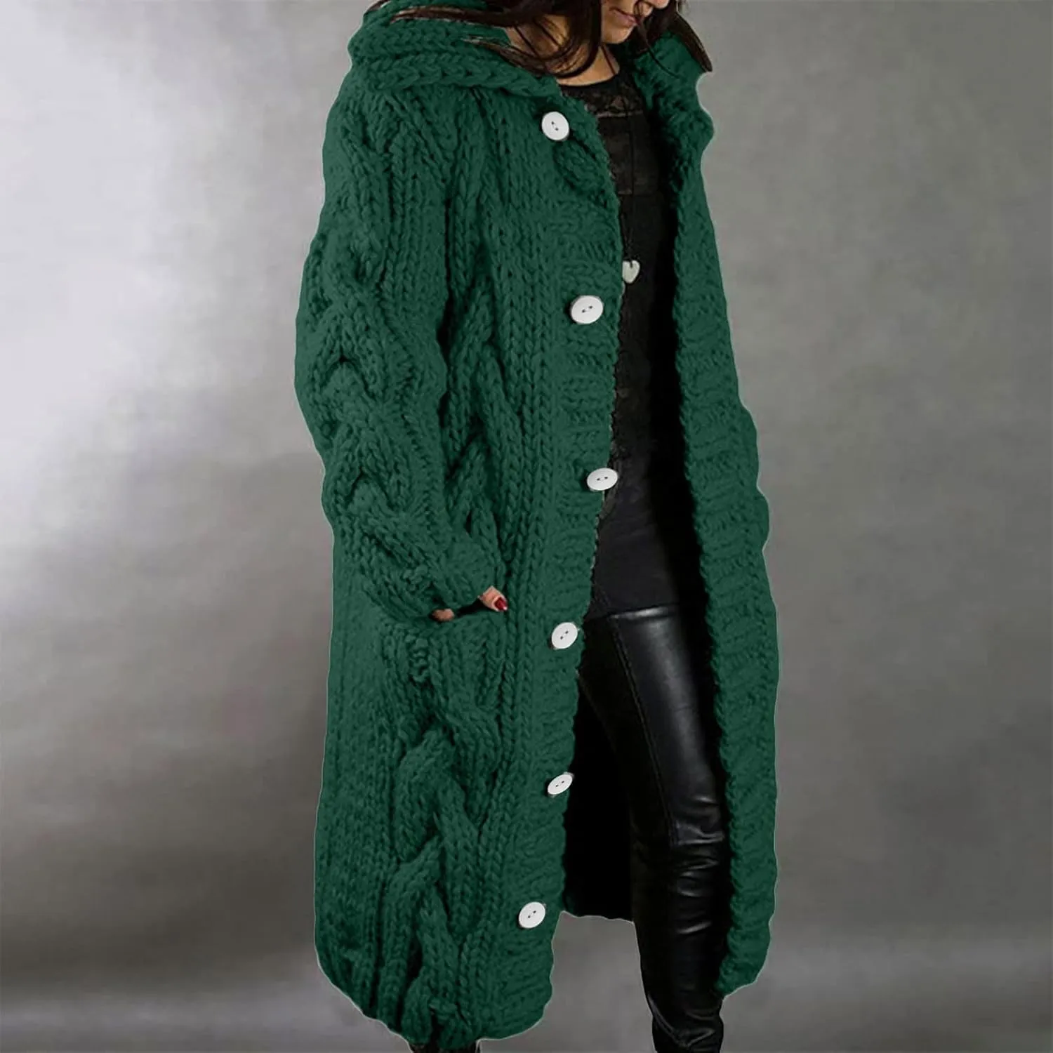 Cardigan for Women Long Sleeve Pure Color Hooded Outwear Loose Long Sweater Buttons Cardigan