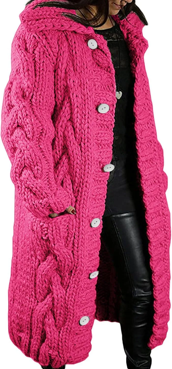 Cardigan for Women Long Sleeve Pure Color Hooded Outwear Loose Long Sweater Buttons Cardigan