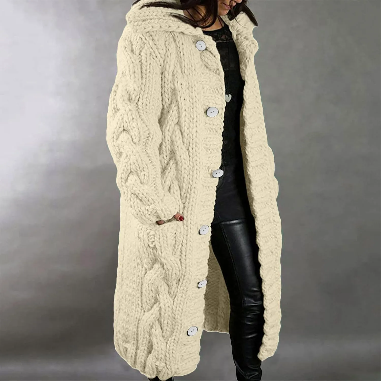 Cardigan for Women Long Sleeve Pure Color Hooded Outwear Loose Long Sweater Buttons Cardigan