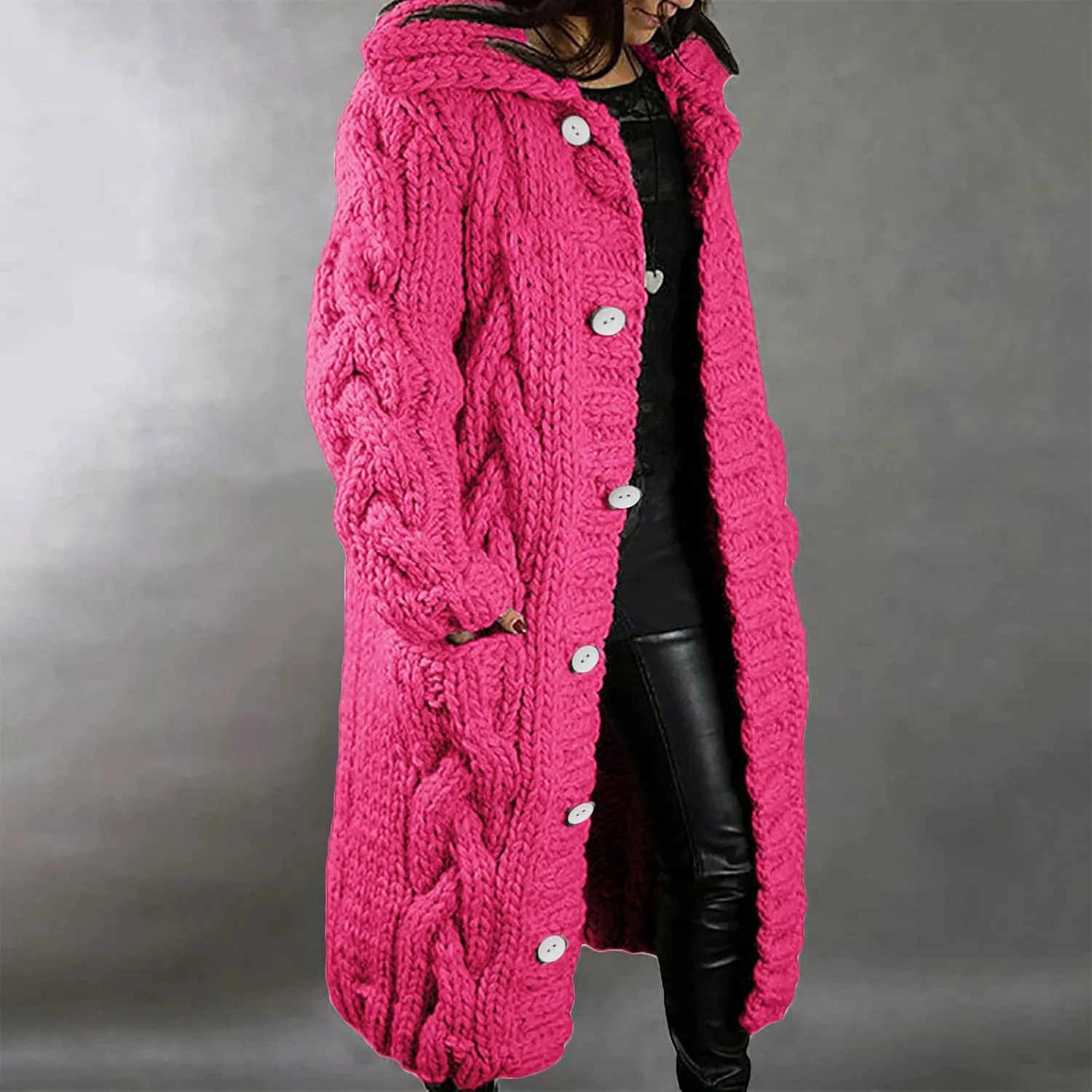 Cardigan for Women Long Sleeve Pure Color Hooded Outwear Loose Long Sweater Buttons Cardigan
