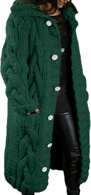 Cardigan for Women Long Sleeve Pure Color Hooded Outwear Loose Long Sweater Buttons Cardigan