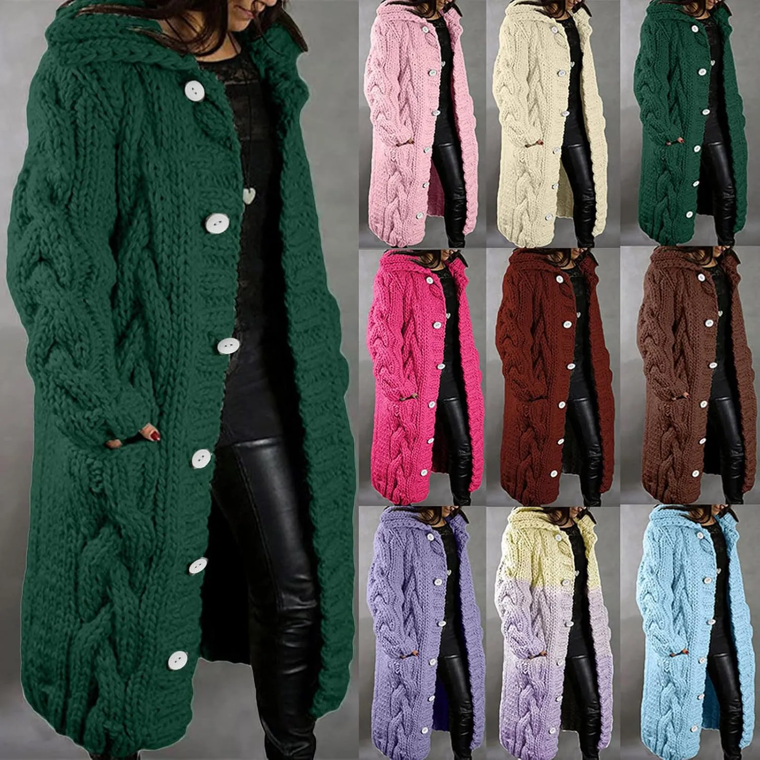 Cardigan for Women Long Sleeve Pure Color Hooded Outwear Loose Long Sweater Buttons Cardigan