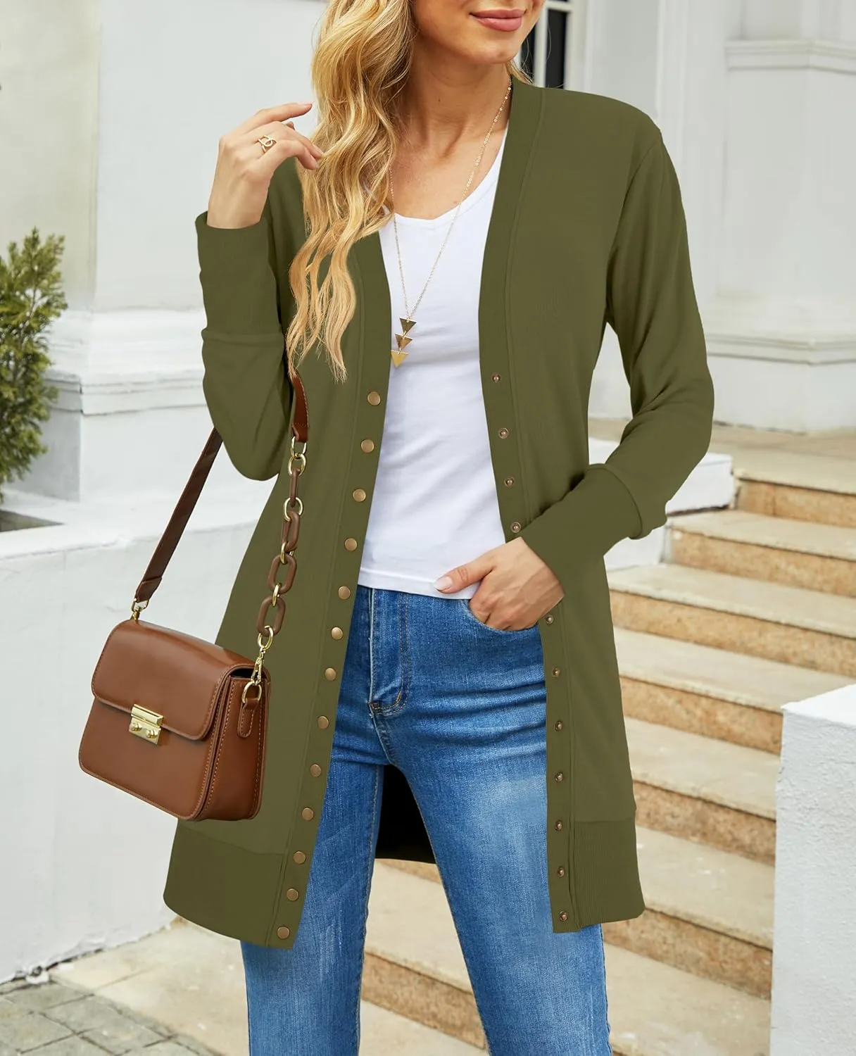 Cardigan Sweaters for Women Open Front Snap Button Knit Ribbed Cardigans Outfits