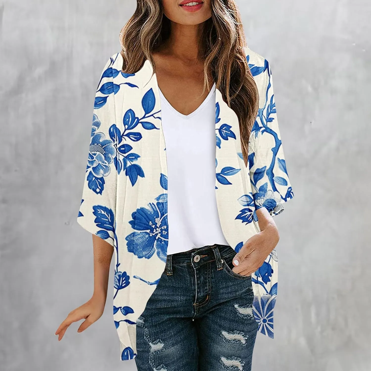Cardigans for Women Trendy 3/4 Sleeve Open Front Cardigan Floral Printed Boho Kimono Summer Vacation Outfits