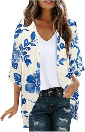 Cardigans for Women Trendy 3/4 Sleeve Open Front Cardigan Floral Printed Boho Kimono Summer Vacation Outfits