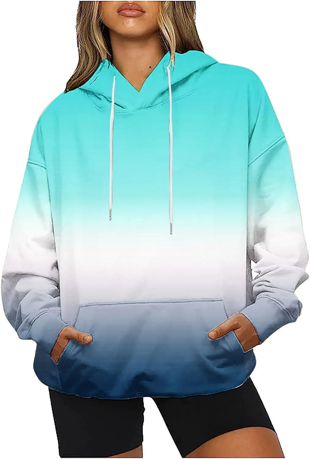 Casual Womens Tie Dye Fleece Hoodies Classic Neon Gradient Sweatshirts Loose Oversized Drawstring Pullover Tops