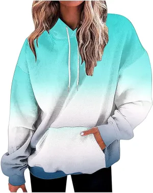 Casual Womens Tie Dye Fleece Hoodies Classic Neon Gradient Sweatshirts Loose Oversized Drawstring Pullover Tops