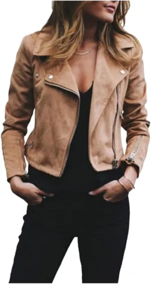 Cdiecer Women's Faux Suede Motocross Jacket Zipped Notch Collar Moto Biker Jacket Lightweight Solid Fitted Slim Coat