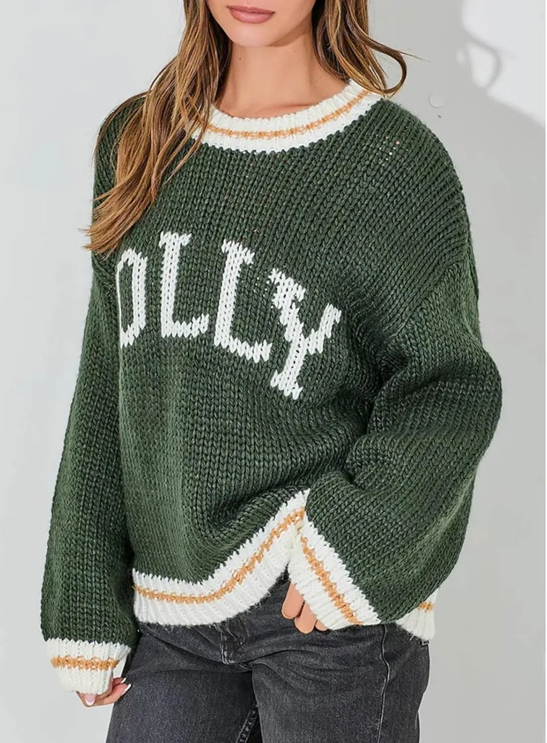 CHARTOU Fall Chunky Pullover Sweaters for Women 2024 Trendy Y2k Knit Letter Contrast Color Outwear Tops Cute