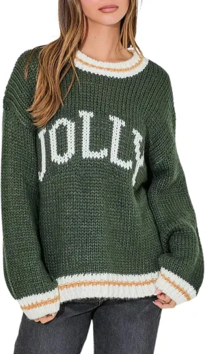 CHARTOU Fall Chunky Pullover Sweaters for Women 2024 Trendy Y2k Knit Letter Contrast Color Outwear Tops Cute