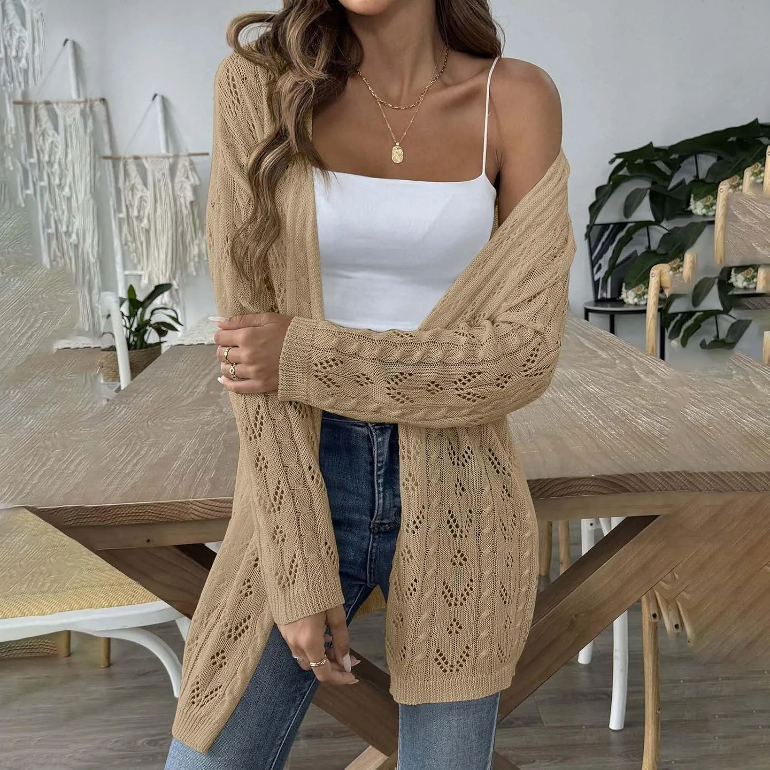 Chic Cable Knit Cardigan for Womens Open Front Cardigan Sweaters Fashion Crochet Cable Knit Chunky Outwear Coats