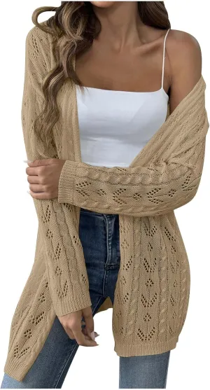 Chic Cable Knit Cardigan for Womens Open Front Cardigan Sweaters Fashion Crochet Cable Knit Chunky Outwear Coats