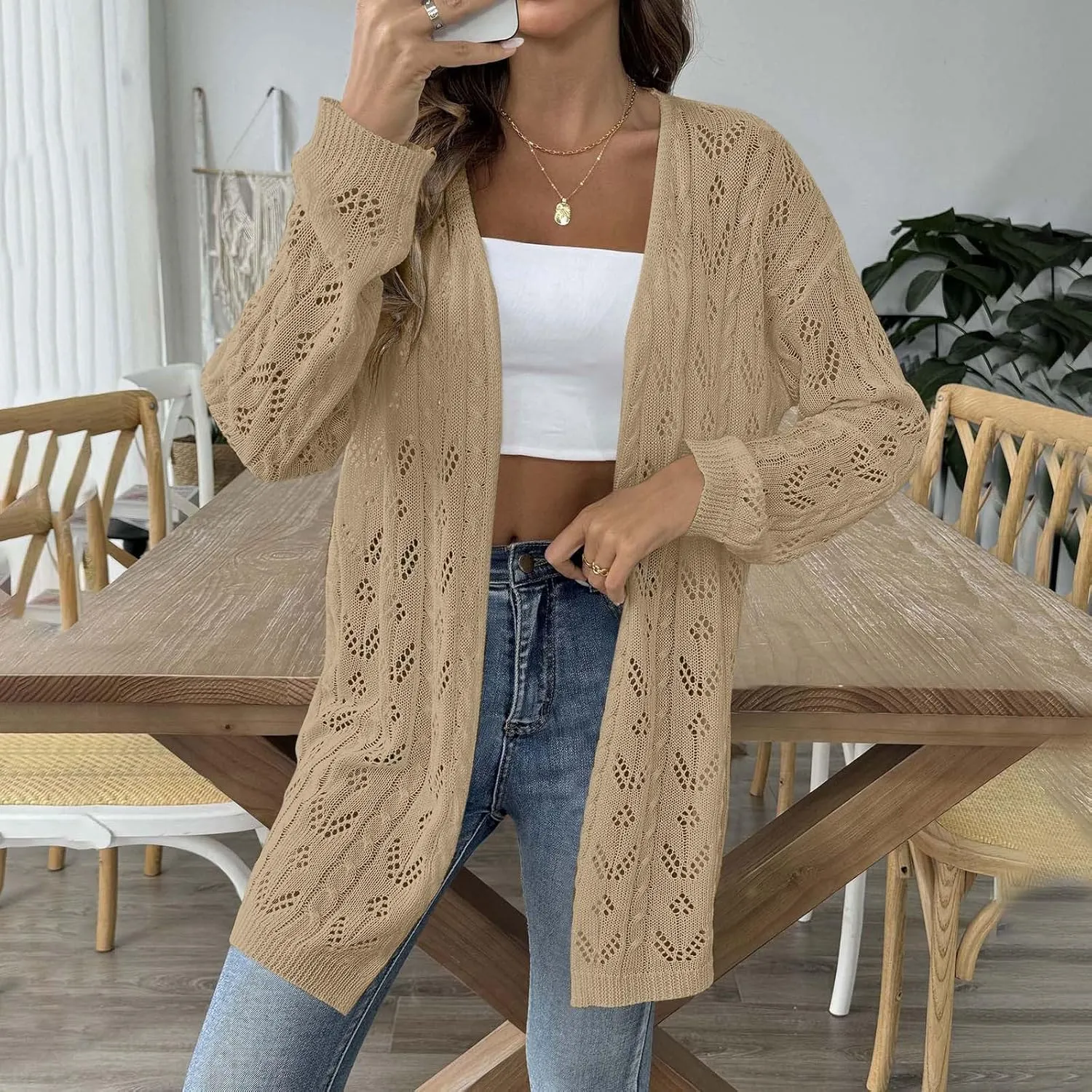 Chic Cable Knit Cardigan for Womens Open Front Cardigan Sweaters Fashion Crochet Cable Knit Chunky Outwear Coats