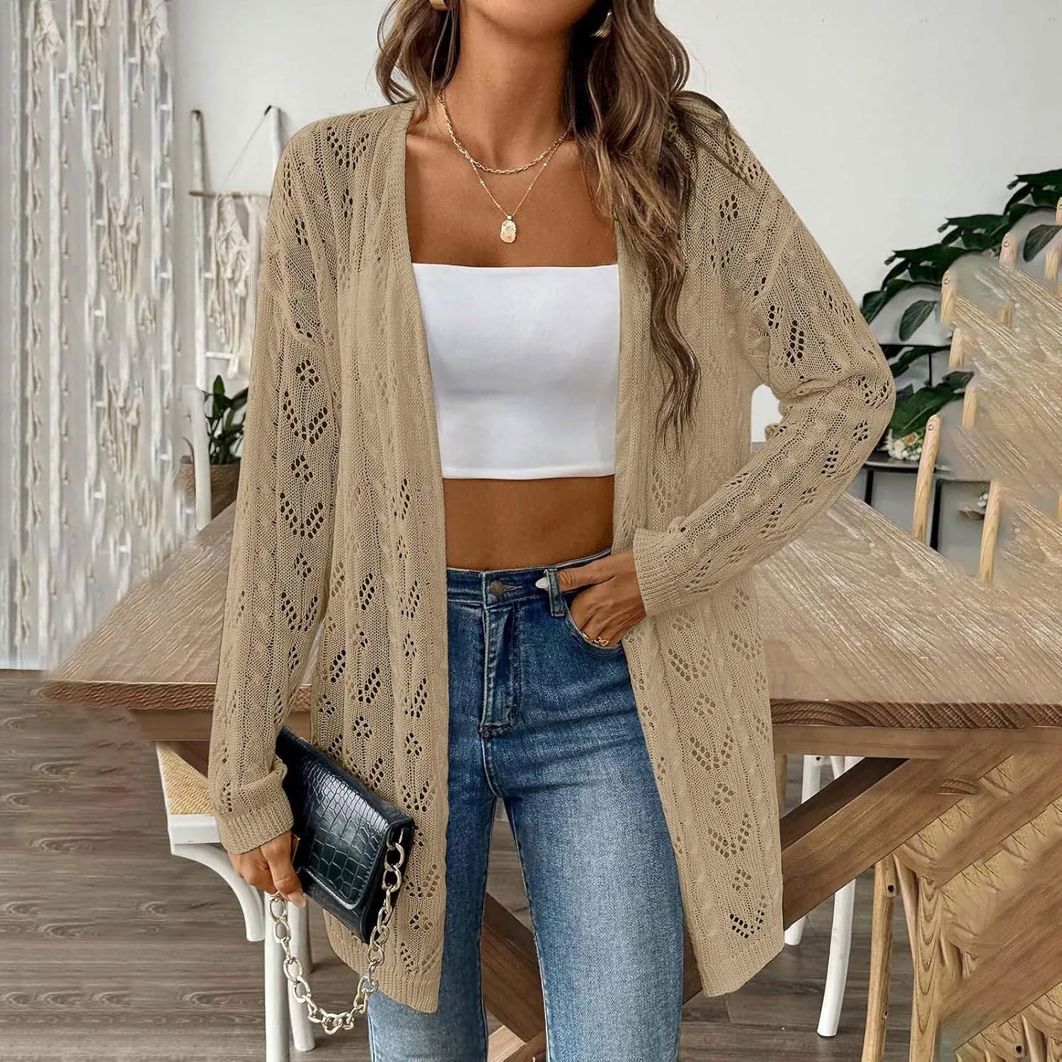 Chic Cable Knit Cardigan for Womens Open Front Cardigan Sweaters Fashion Crochet Cable Knit Chunky Outwear Coats