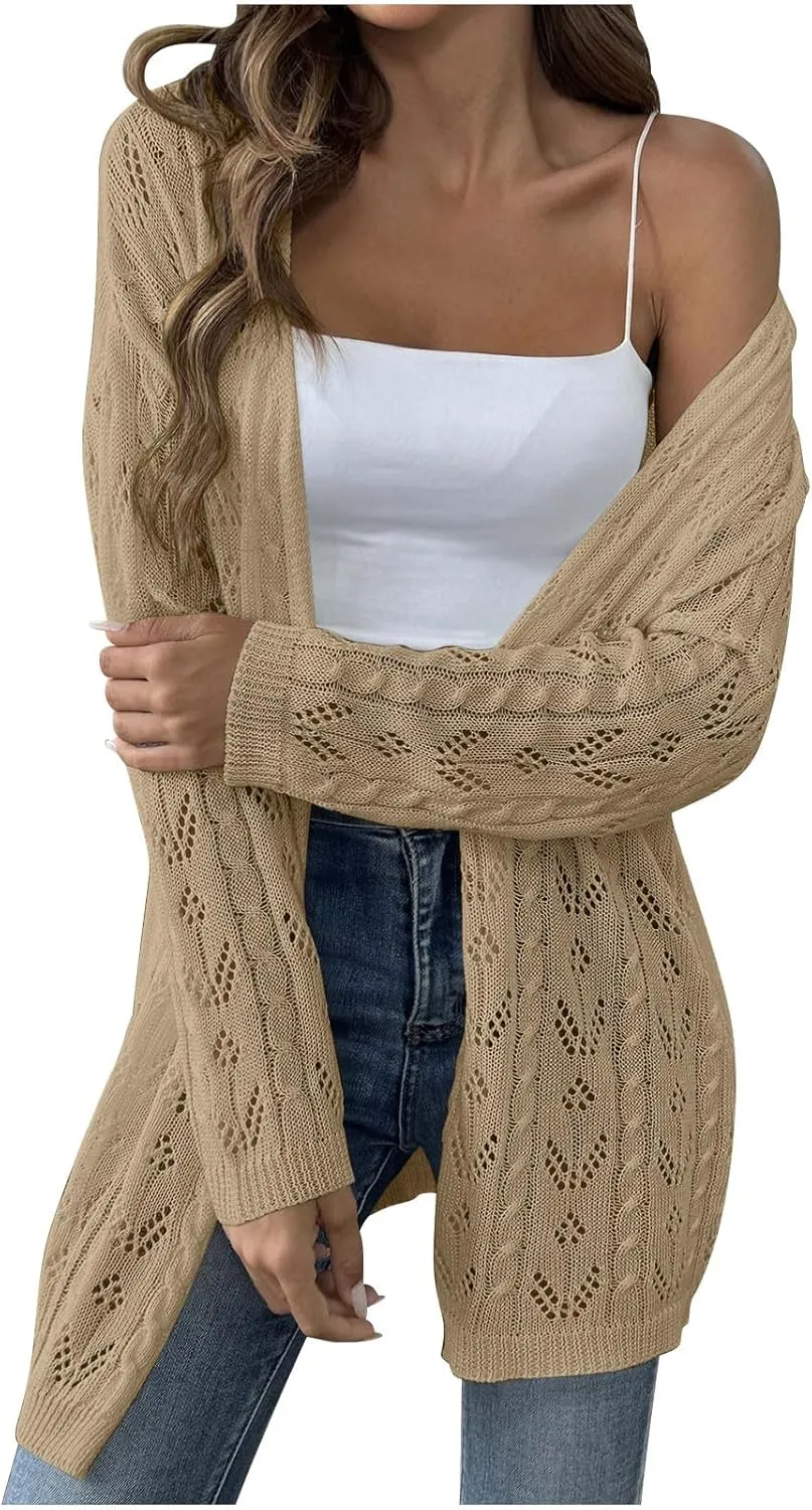 Chic Cable Knit Cardigan for Womens Open Front Cardigan Sweaters Fashion Crochet Cable Knit Chunky Outwear Coats