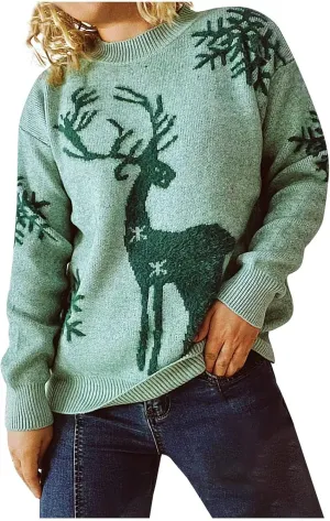 Christmas Sweaters for Women Oversized Reindeer Snowflake Pattern Knit Pullover Xmas Crewneck Sweatshirt Tops