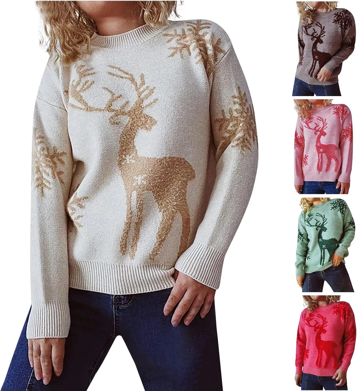 Christmas Sweaters for Women Oversized Reindeer Snowflake Pattern Knit Pullover Xmas Crewneck Sweatshirt Tops