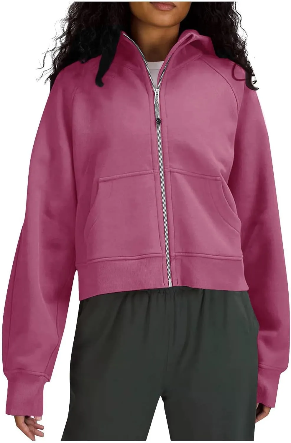 Classic Solid Cropped Women's Hoodies Casual Fleece Lined Zip Up Sweatshirts Loose Oversized Y2K Jacket with Pocket