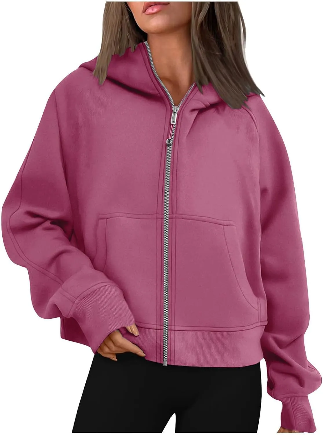 Classic Solid Cropped Women's Hoodies Casual Fleece Lined Zip Up Sweatshirts Loose Oversized Y2K Jacket with Pocket