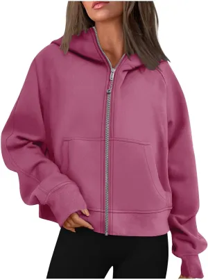 Classic Solid Cropped Women's Hoodies Casual Fleece Lined Zip Up Sweatshirts Loose Oversized Y2K Jacket with Pocket