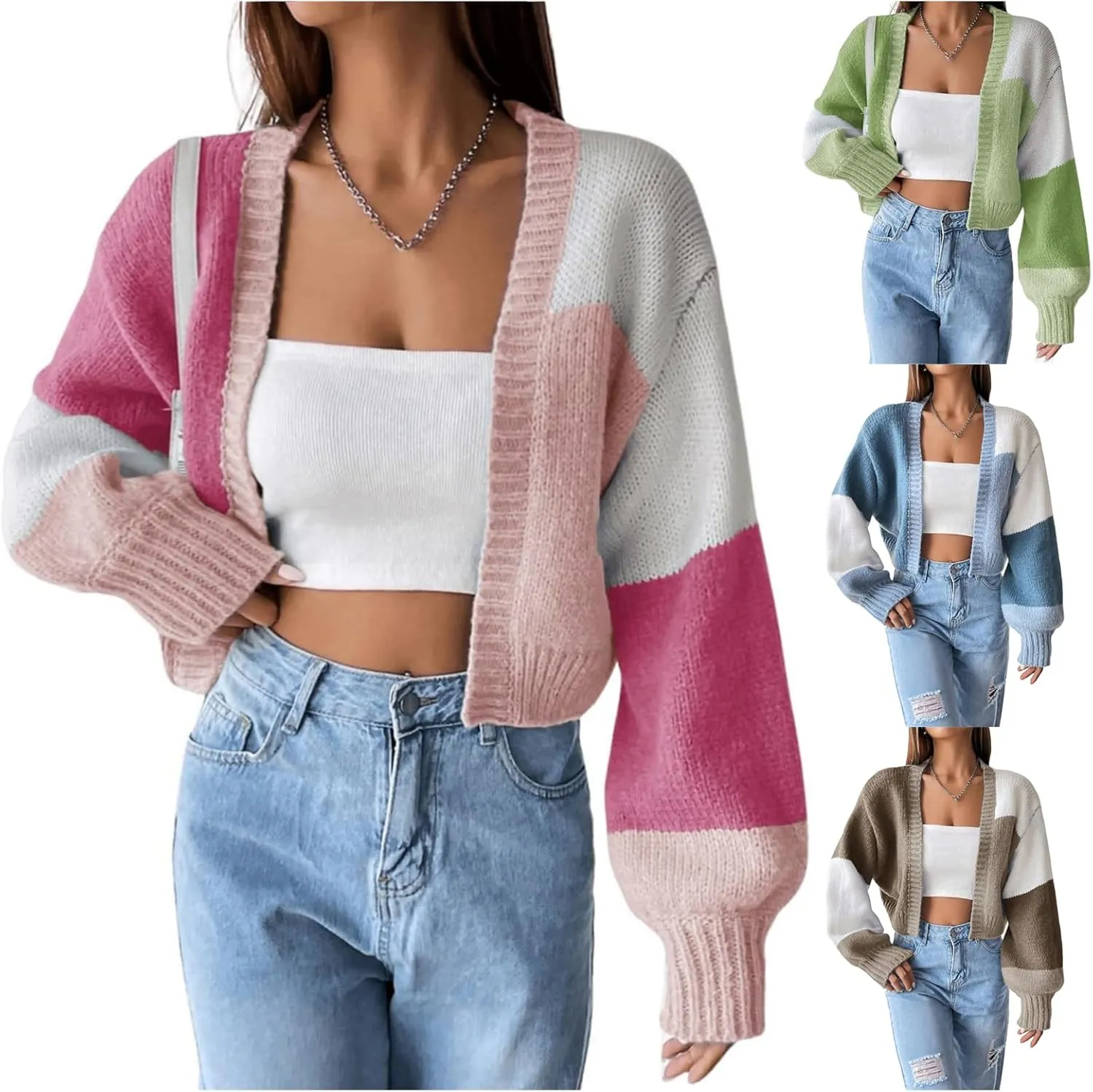Color Block Cardigan for Women Cute Cropped Knit Open Front Cardigan Sweater Casual Long Sleeve Jacket Outerwear