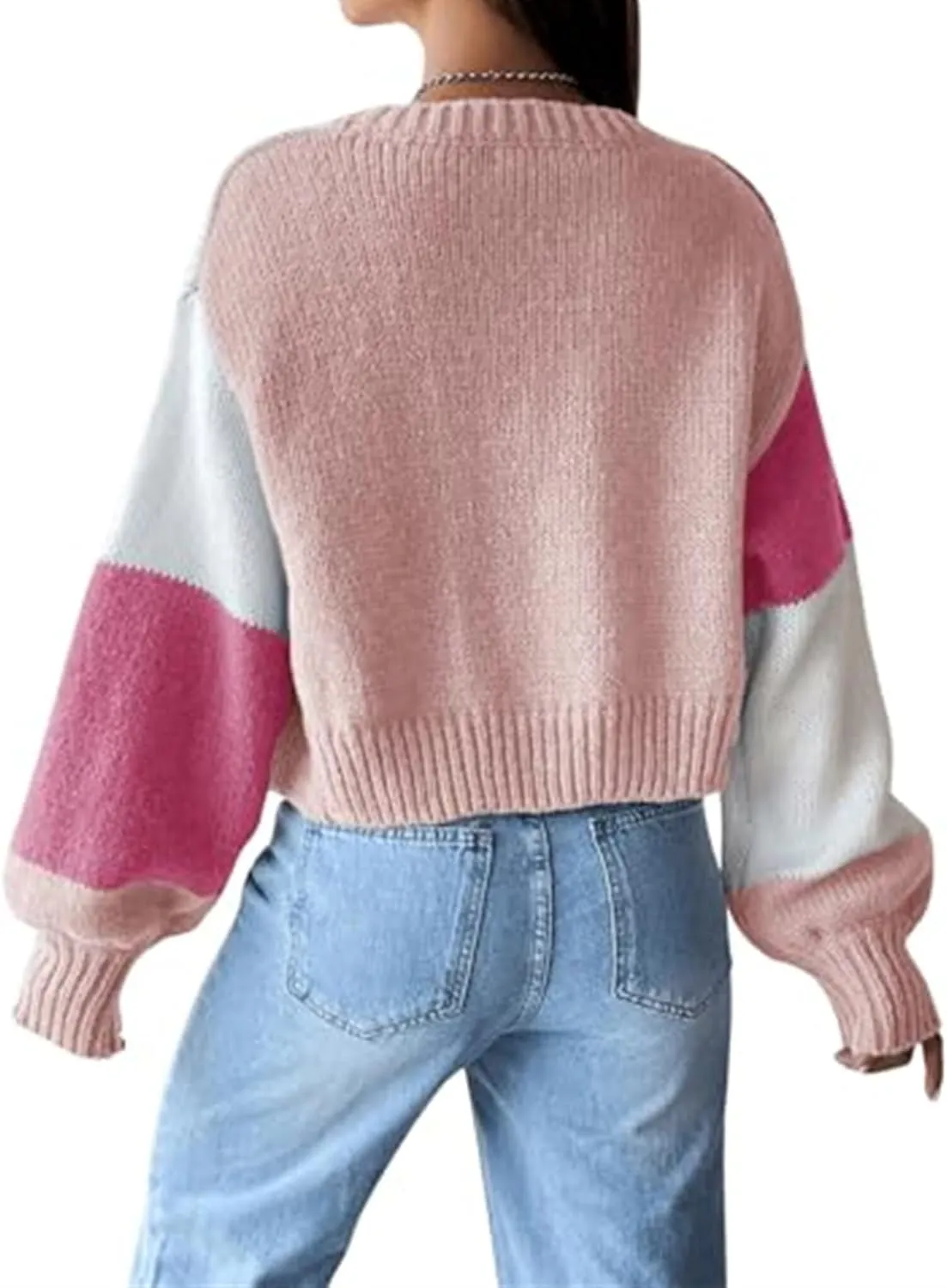 Color Block Cardigan for Women Cute Cropped Knit Open Front Cardigan Sweater Casual Long Sleeve Jacket Outerwear