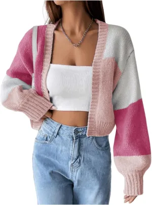 Color Block Cardigan for Women Cute Cropped Knit Open Front Cardigan Sweater Casual Long Sleeve Jacket Outerwear