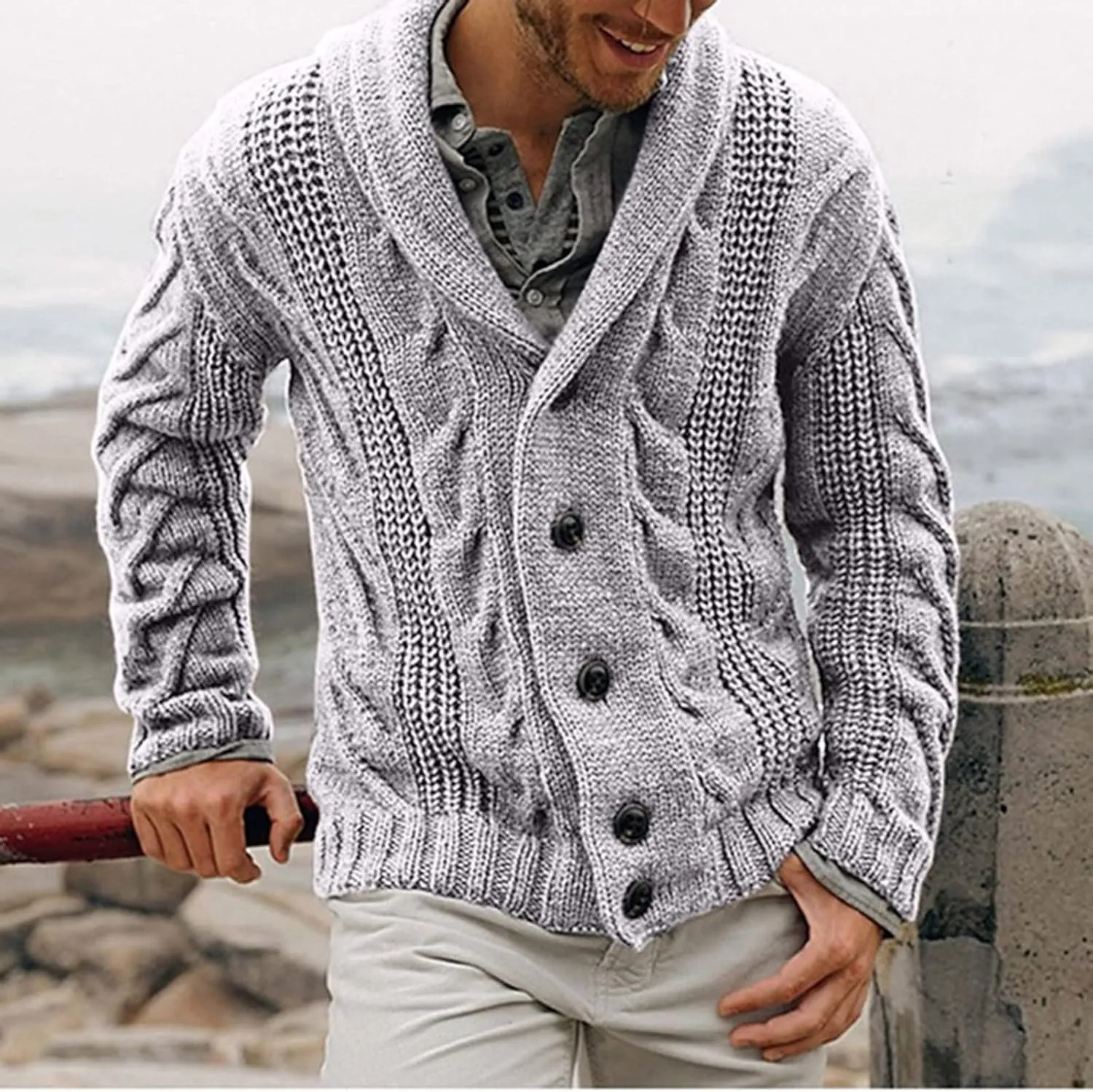 Color Block Sweater Men Shawl Collar Cardigans Button Up Knit Cardigan Slim Fit Lightweight Cable Knit Sweaters