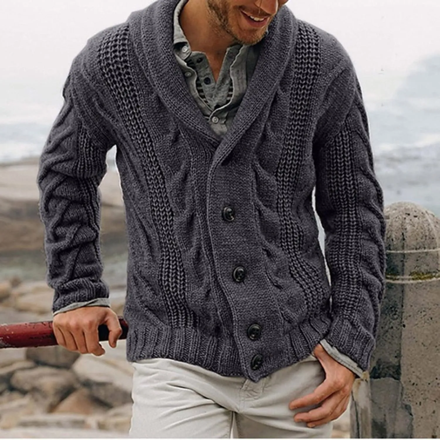 Color Block Sweater Men Shawl Collar Cardigans Button Up Knit Cardigan Slim Fit Lightweight Cable Knit Sweaters