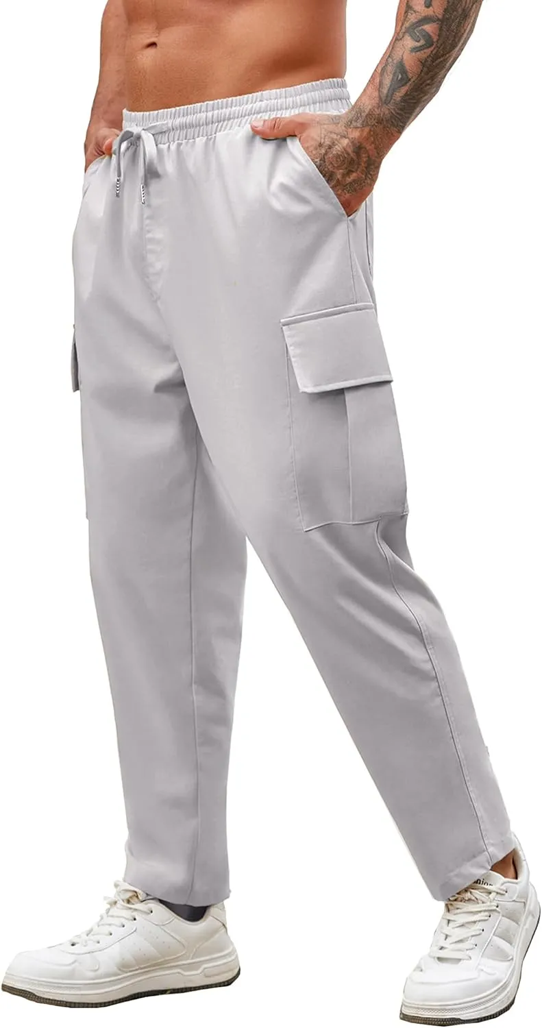 COOFANDY Mens Cargo Pants Relaxed Fit Casual Linen Pants Drawstring Sweatpants with 6 Pockets