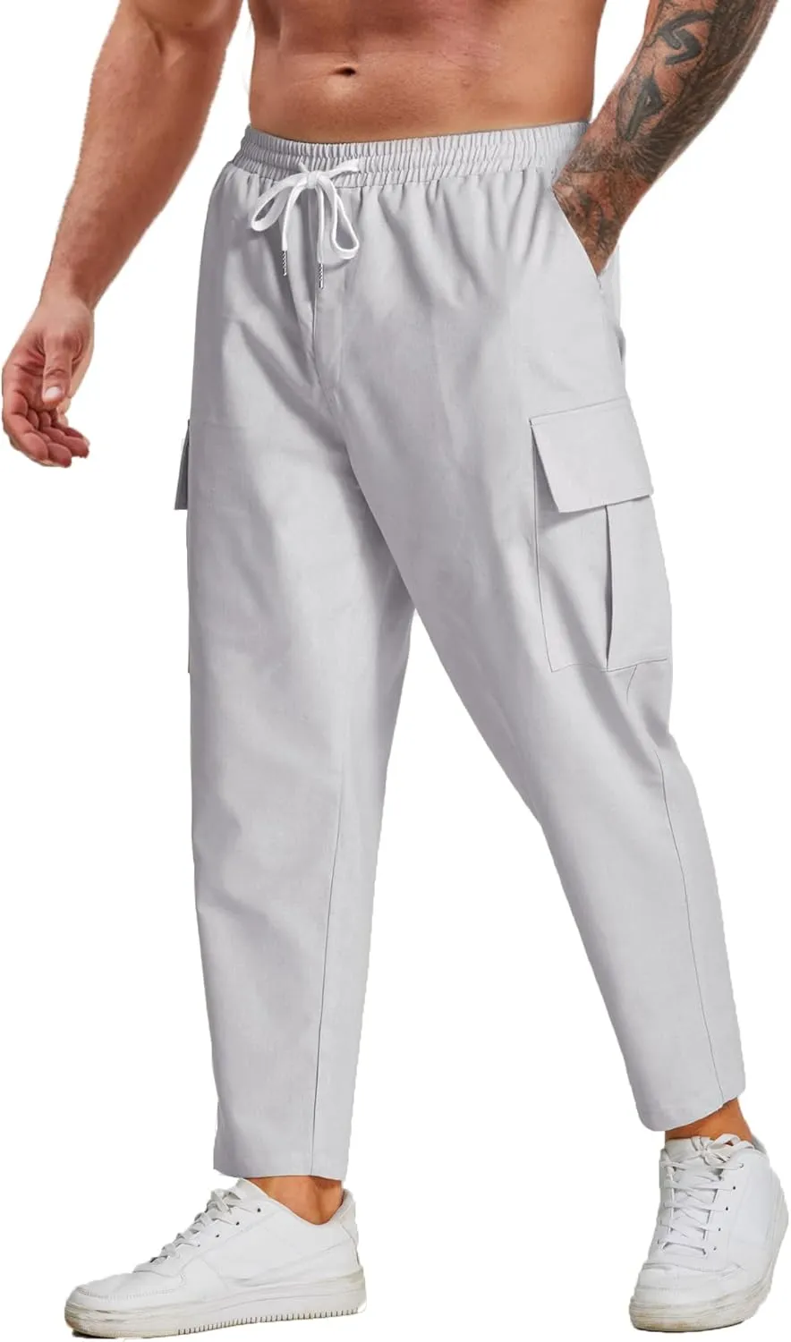 COOFANDY Mens Cargo Pants Relaxed Fit Casual Linen Pants Drawstring Sweatpants with 6 Pockets