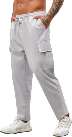 COOFANDY Mens Cargo Pants Relaxed Fit Casual Linen Pants Drawstring Sweatpants with 6 Pockets