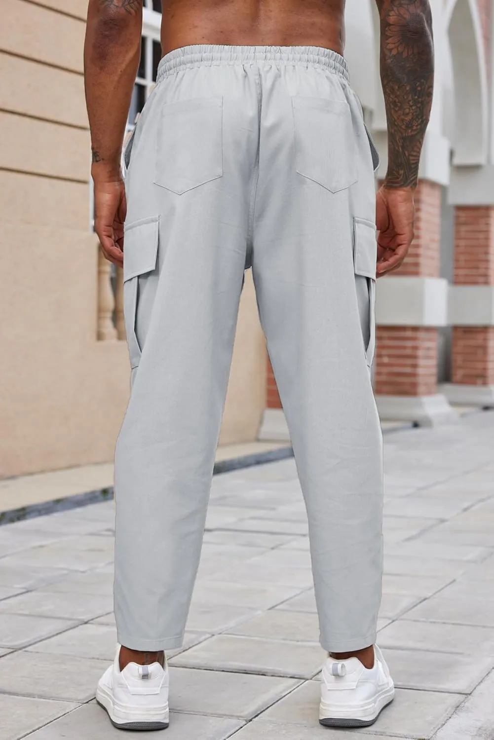 COOFANDY Mens Cargo Pants Relaxed Fit Casual Linen Pants Drawstring Sweatpants with 6 Pockets