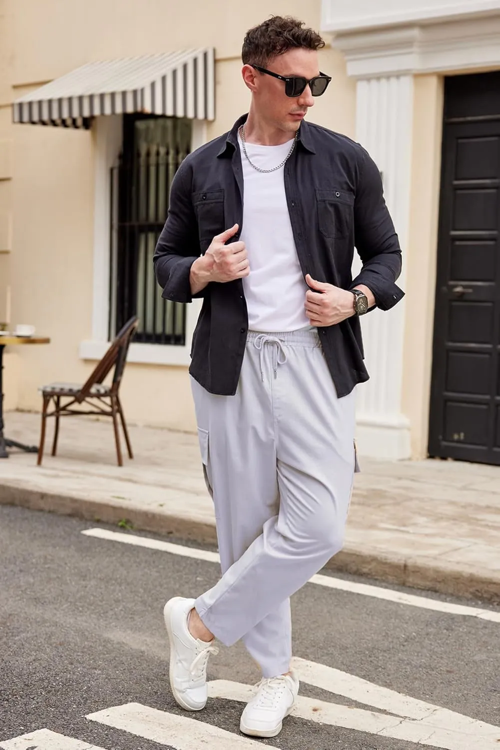 COOFANDY Mens Cargo Pants Relaxed Fit Casual Linen Pants Drawstring Sweatpants with 6 Pockets