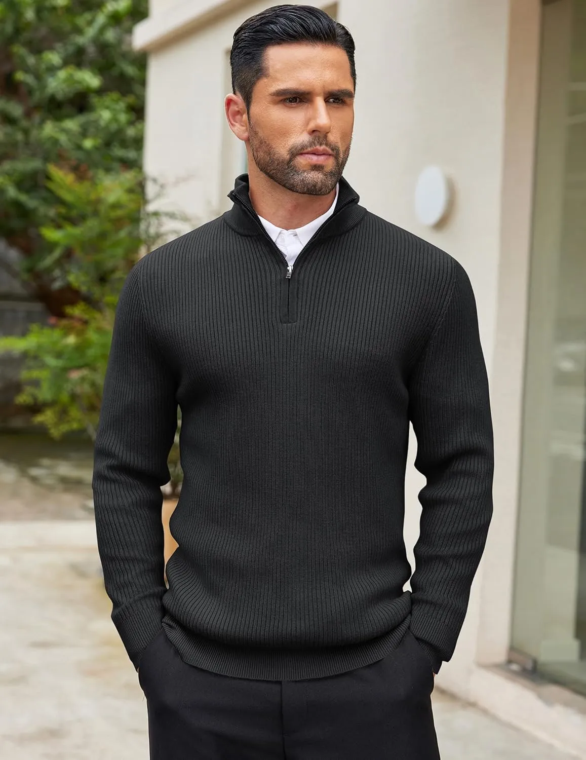 COOFANDY Men's Quarter Zip Sweaters Slim Fit Mock Neck Pullover Sweater Lightweight Knitted Polo Sweaters