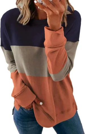 Crew Neck Sweatshirts Women Casual Loose Soft Long Sleeve Pullover Color Block Side Split Tops Lightweight Fall Outfit