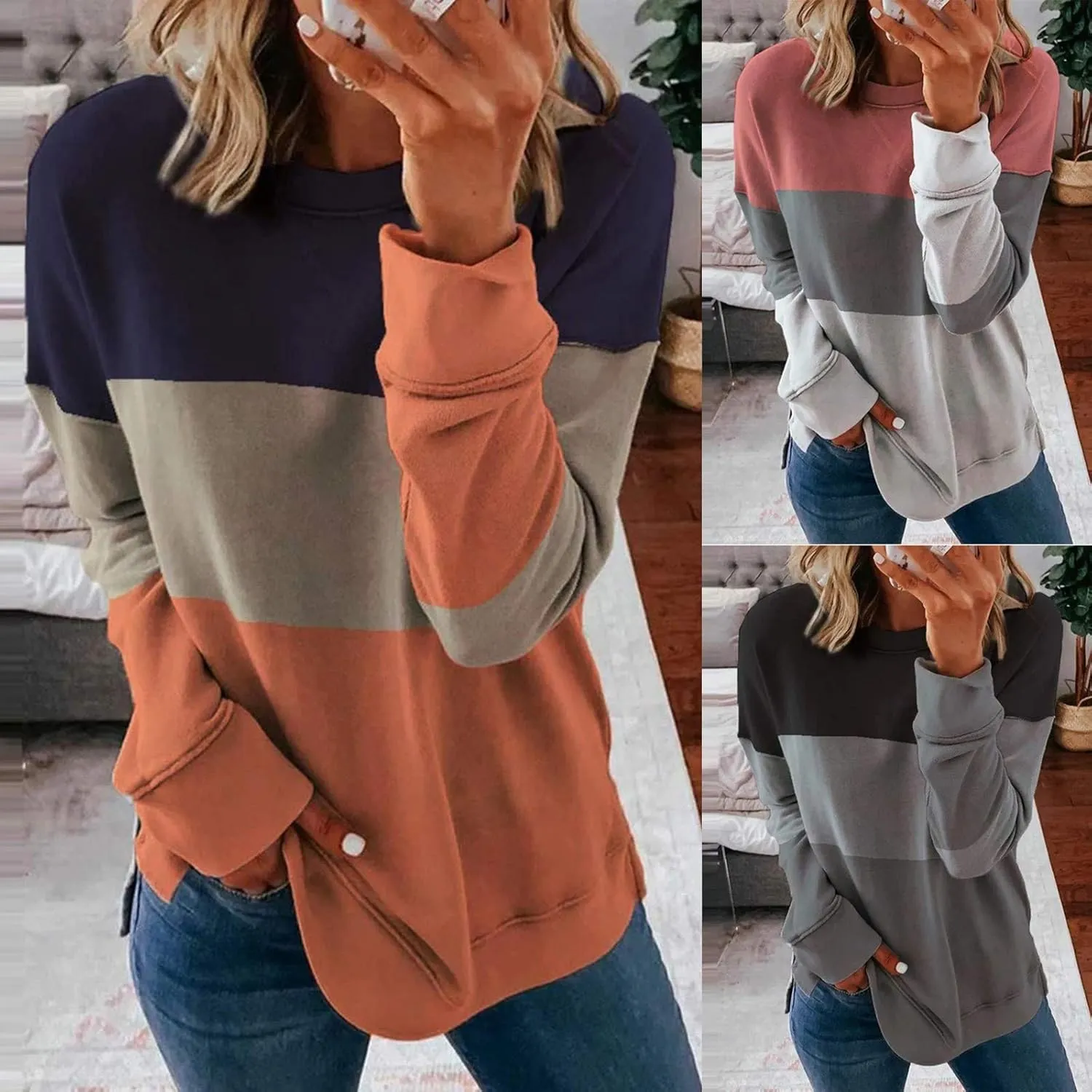 Crew Neck Sweatshirts Women Casual Loose Soft Long Sleeve Pullover Color Block Side Split Tops Lightweight Fall Outfit