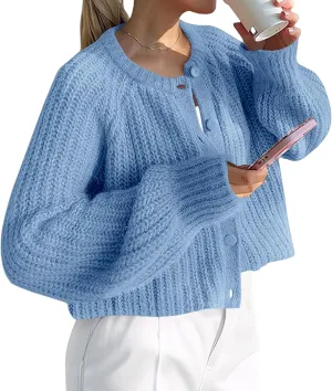 Crochet Cardigan Sweaters for Women Tops Chunky Knitted Crew Neck Trendy Cropped Button Long Sleeve Sweater Fall 2024