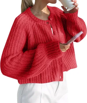 Crochet Cardigan Sweaters for Women Tops Chunky Knitted Crew Neck Trendy Cropped Button Long Sleeve Sweater Fall 2024