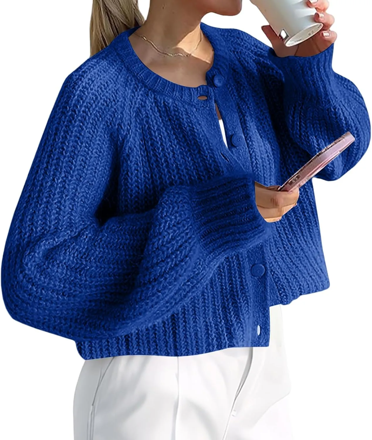 Crochet Cardigan Sweaters for Women Tops Chunky Knitted Crew Neck Trendy Cropped Button Long Sleeve Sweater Fall 2024